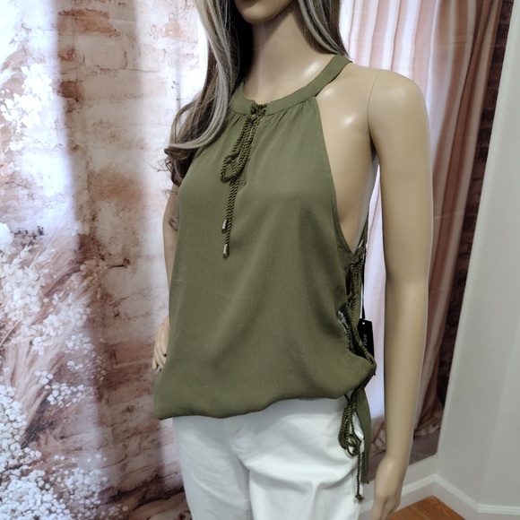 Doe & Rae Women's Dark Green Open Side Cut Out Halter Tank Top - Picture 10 of 10